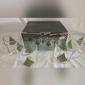 Vintage 1989 Set 4 Carlton Glass CHRISTMAS TREASURE Mugs TREE Luminarc USA